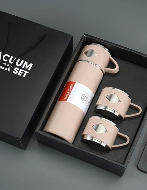 Double Wall Stainless Steel Vacuum Flask Set – 500 ml with 2 Steel Cups