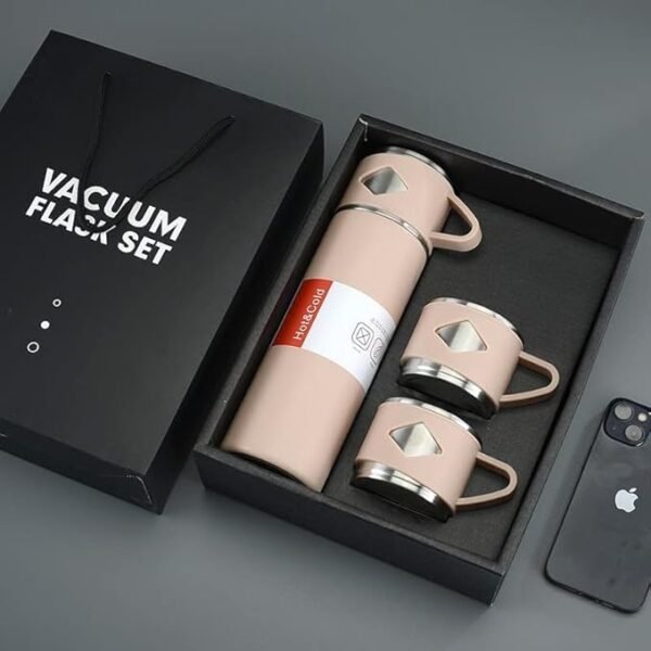 Double Wall Stainless Steel Vacuum Flask Set – 500 ml with 2 Steel Cups