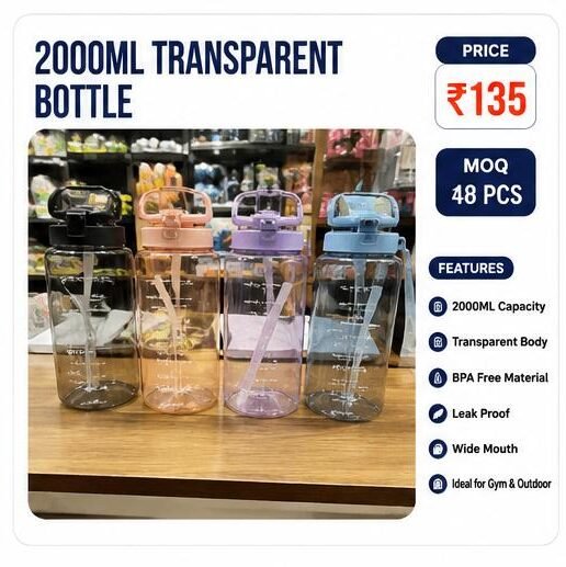 2000ML Transparent Water Bottle – BPA Free Leak Proof Gym Bottle