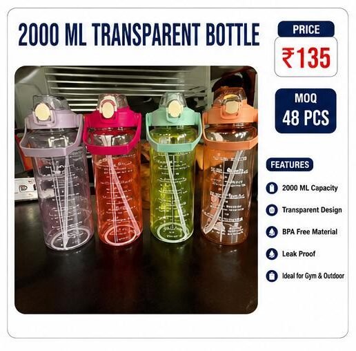 2000ML Transparent Sports Water Bottle – BPA Free Leak Proof Hydration Bottle