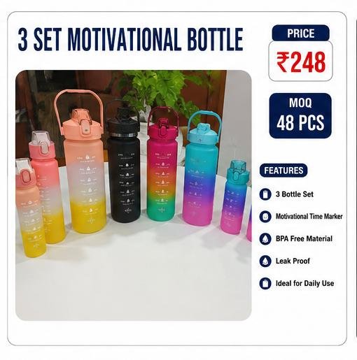 3 Piece Motivational Water Bottle Set – BPA Free Leak Proof Bottle Combo