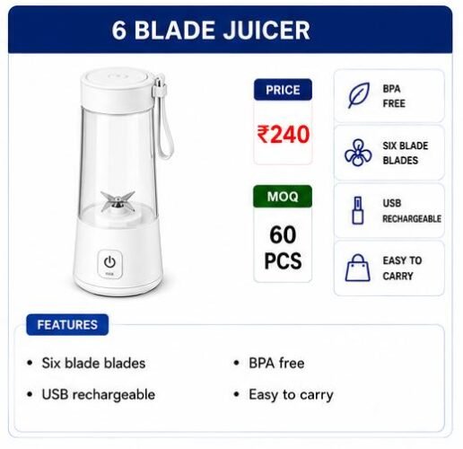 Portable 6 Blade Juicer Blender – USB Rechargeable Mini Smoothie Maker