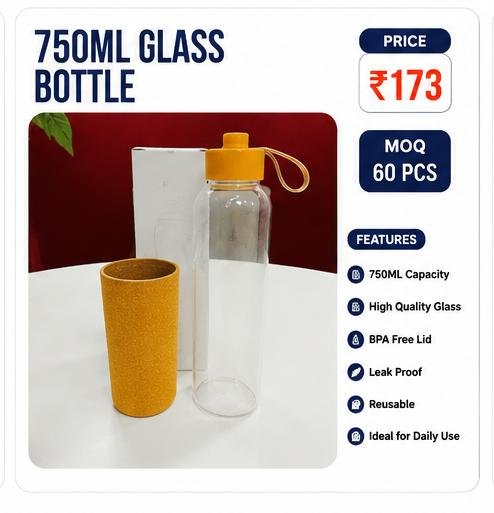 750ML Premium Glass Water Bottle – Leak Proof BPA Free Bottle