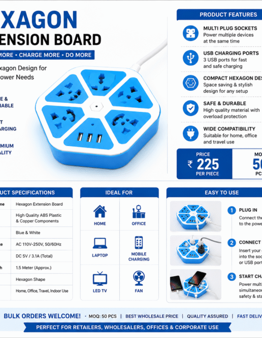 Hexagon Multi Plug Extension Board – USB Charging Power Socket