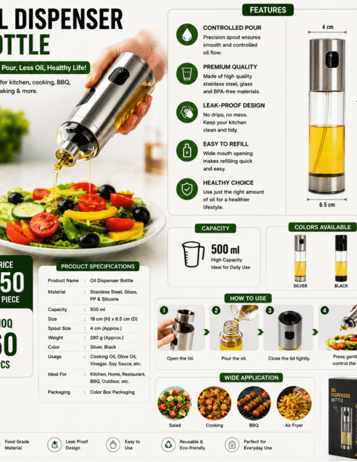 Premium Oil Dispenser Bottle – Leak Proof Kitchen Oil Sprayer & Pourer (500ml)