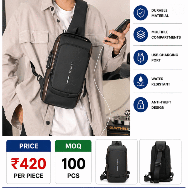 10.No chest bag Premium Crossbody Sling Bag – USB Charging Travel Chest Bag