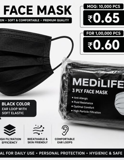 MediLife Black 3 Ply Face Mask – Disposable Protective Face Mask