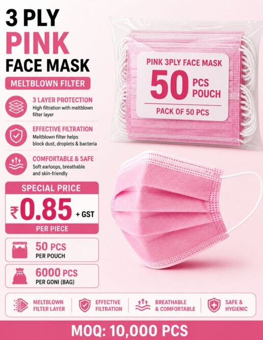 3 Ply Pink Face Mask with Meltblown Filter – Disposable Protective Mask