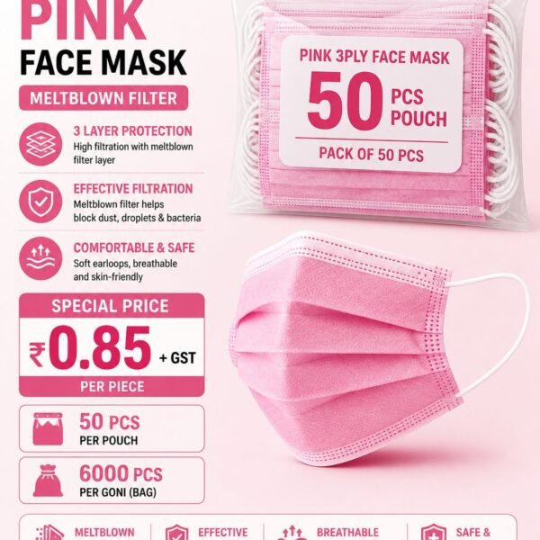 3 Ply Pink Face Mask with Meltblown Filter – Disposable Protective Mask