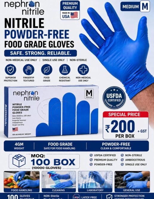 Nephron Nitrile Powder-Free Food Grade Gloves – Latex Free Disposable Gloves