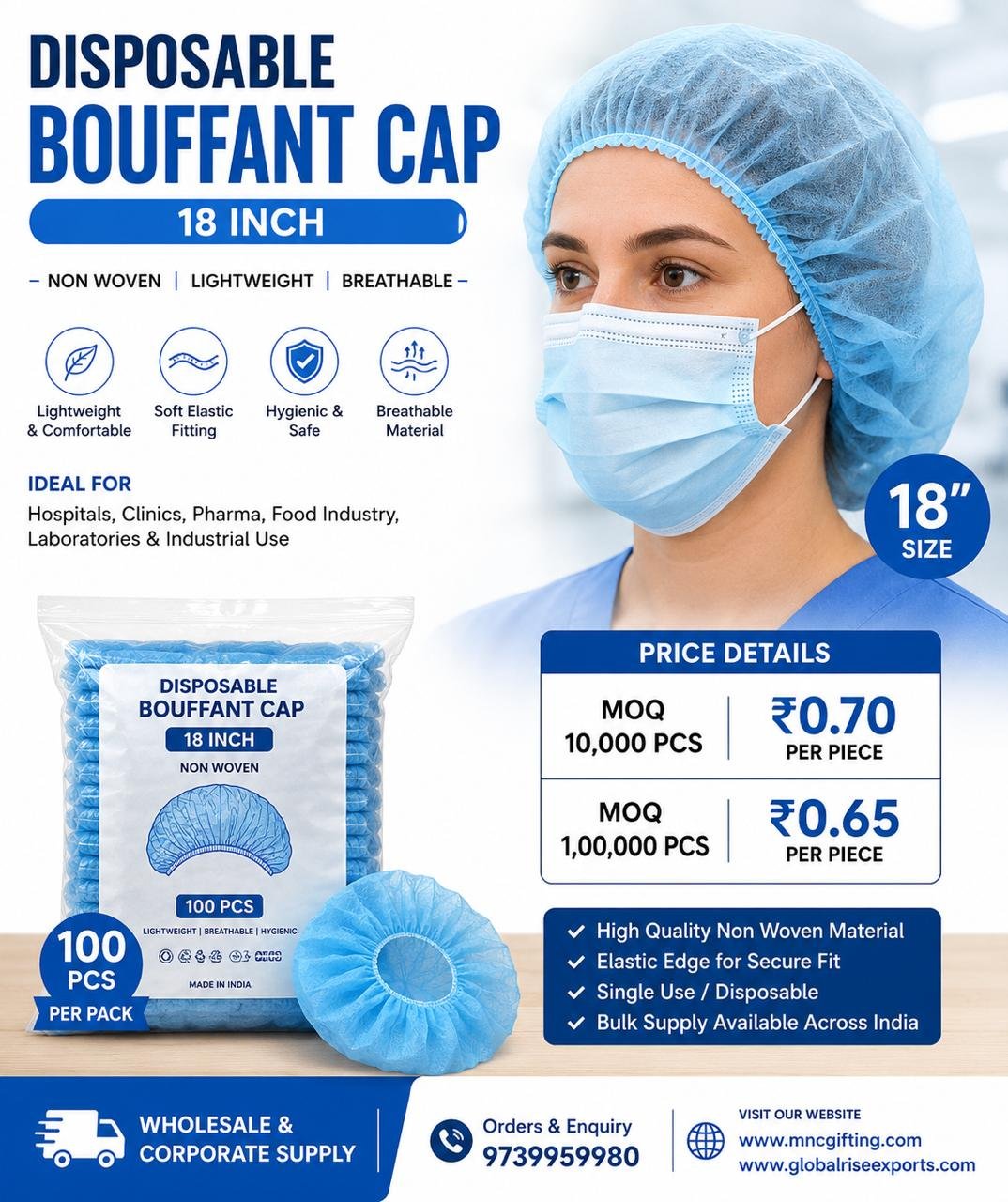 disposable bouffant cap Disposable Bouffant Cap 18 Inch – Non Woven Surgical Hair Cap - Image 1