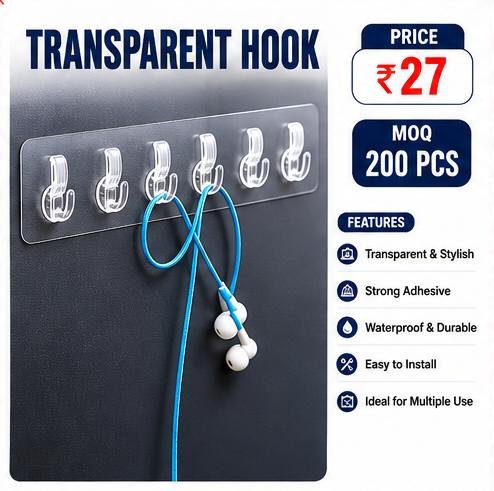 Transparent Adhesive Wall Hook – Waterproof Multipurpose Self Adhesive Hook